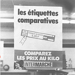 en 1980, Invention du prix au litre et au kilo : illustration d'une affichette.